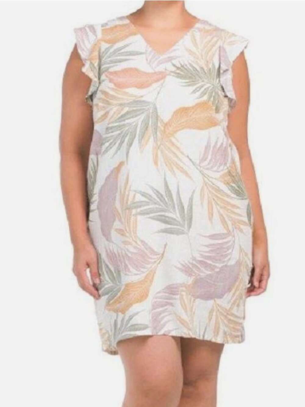 TAHARI Plus Size 3X Mojave Tropical Print Linen Flutter Sleeve Shift Dress NWT